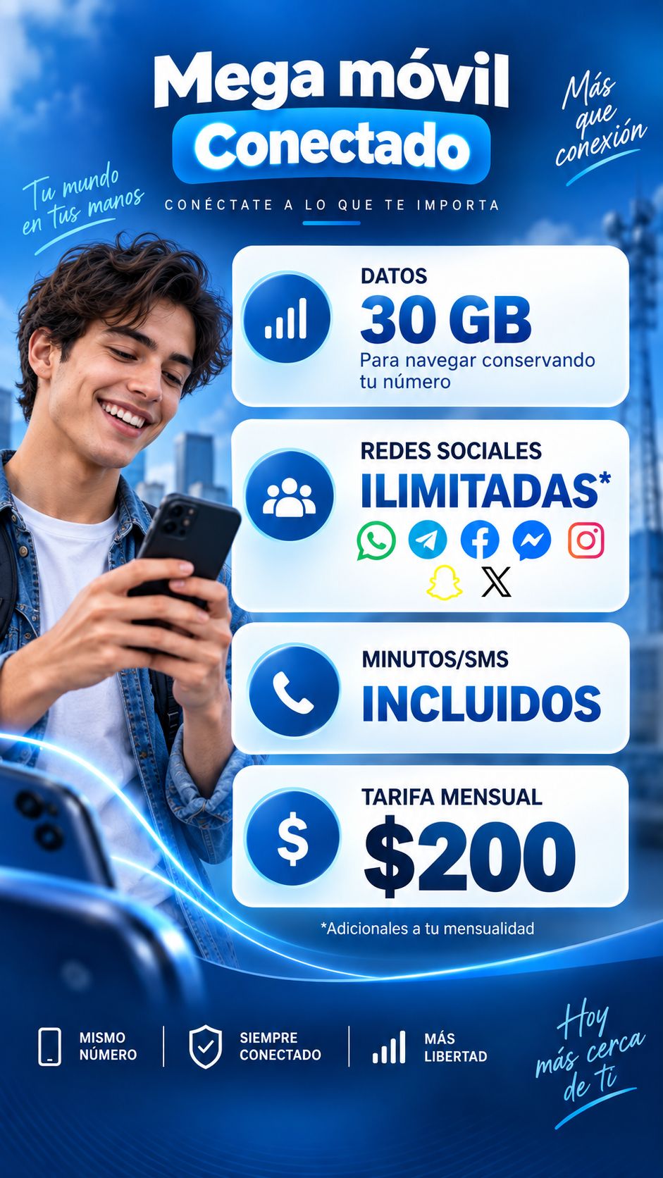 Mega móvil Conectado: 30 GB, redes sociales ilimitadas y minutos/SMS incluidos. $200 mensuales adicionales a tu mensualidad.